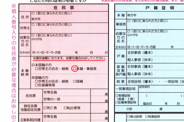枚方市「住民票に戸籍を記載する方法」