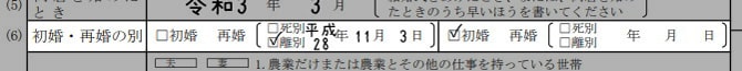 再婚の婚姻届の書き方「初婚・再婚の別（男性が再婚・女性は初婚）」