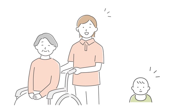 車いすの年配女性と赤ちゃんのイラスト